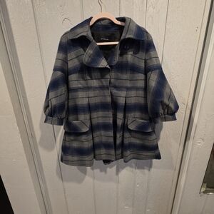 Calvin Klein Jeans Blue and Gray Plaid Pea Coat